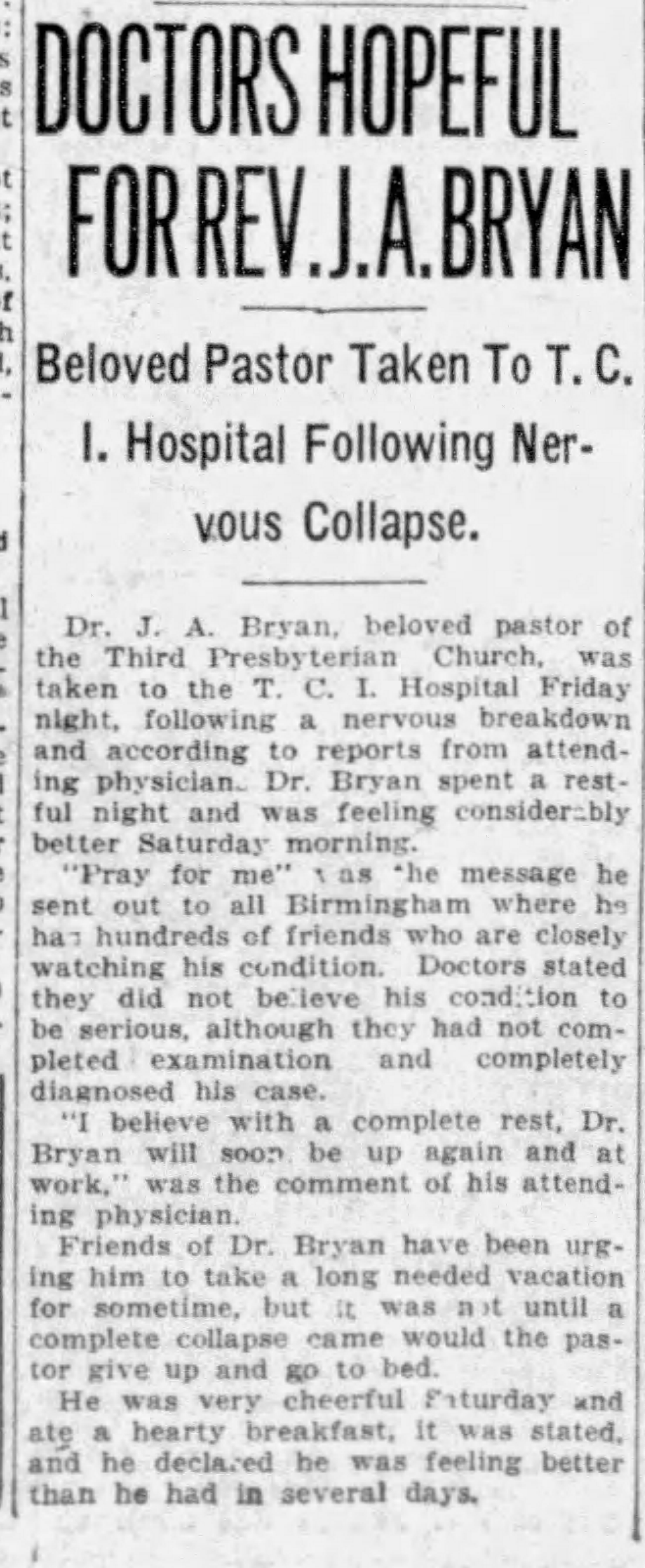 Doctors Hopeful for Rev. J.A. Bryan